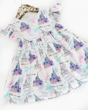 Girls Fun Character Dresses - White & Purple Castle