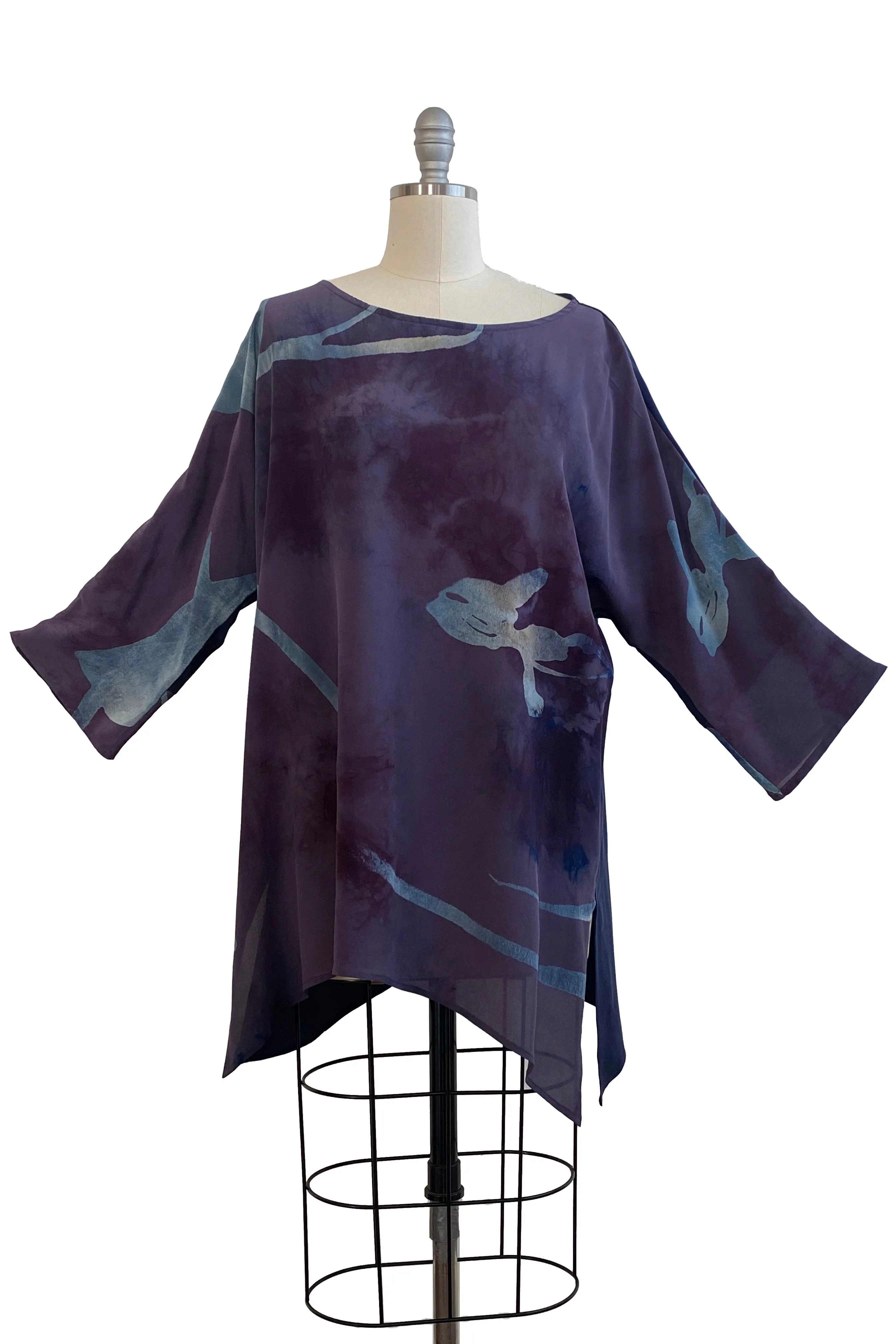 Greg's Tunic in Silk Georgette w/ Tulip Print - Purple & Blue - Medium