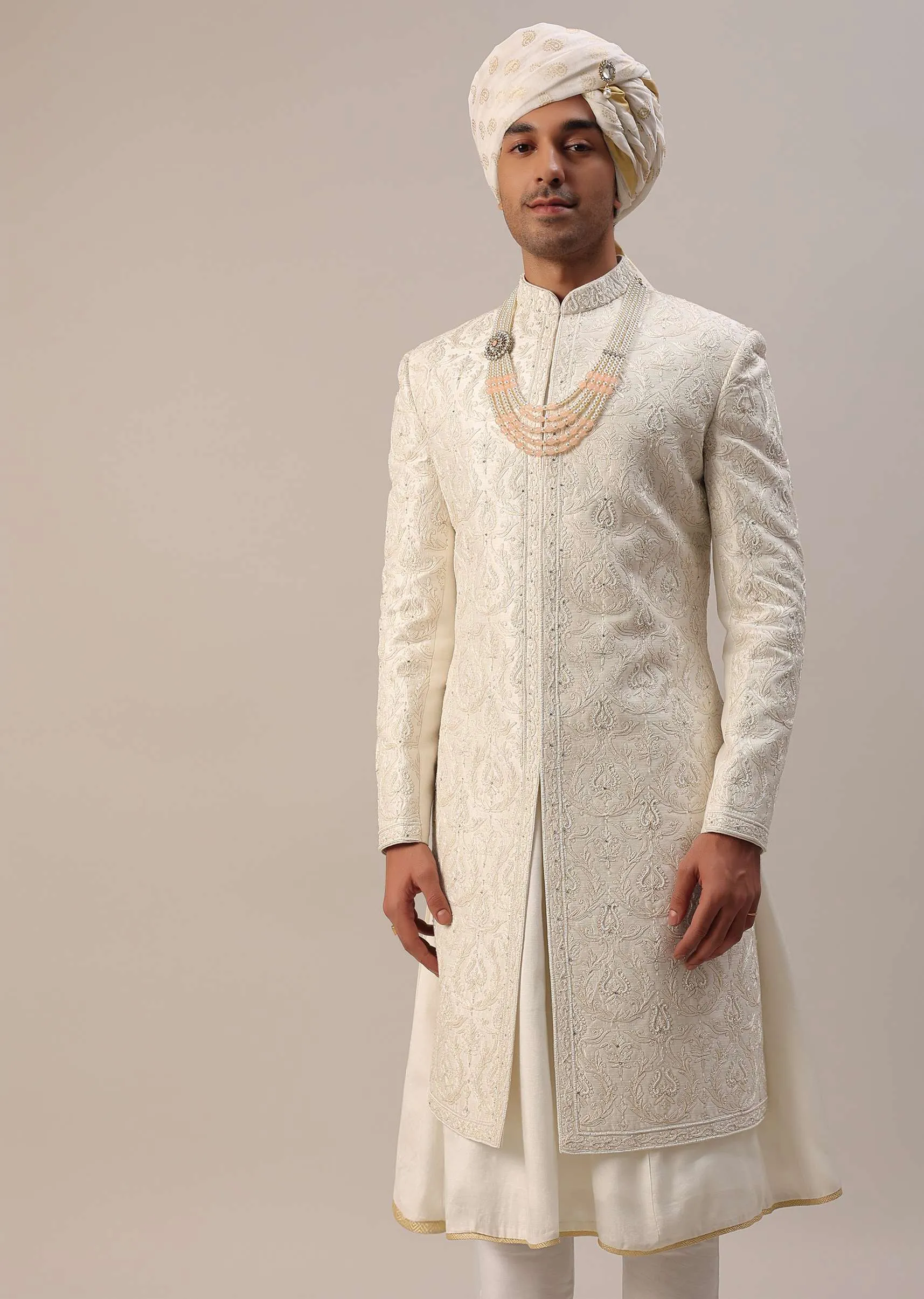 Ivory White Machine Embroidered Sherwani Set In Silk