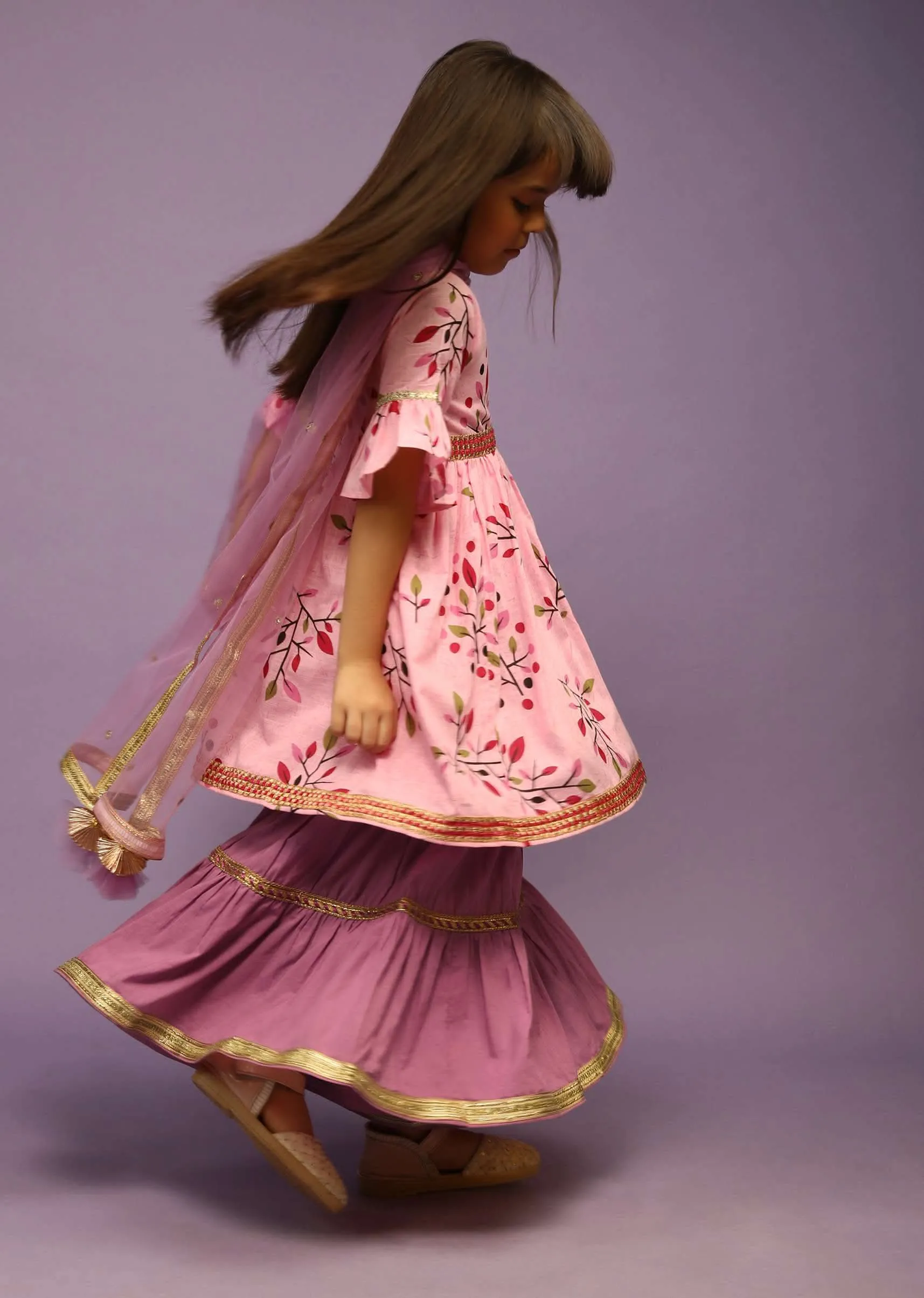 Kalki Girls Rose Pink Sharara And Peplum Suit In Cotton With Floral Print And Ruffle Sleeves