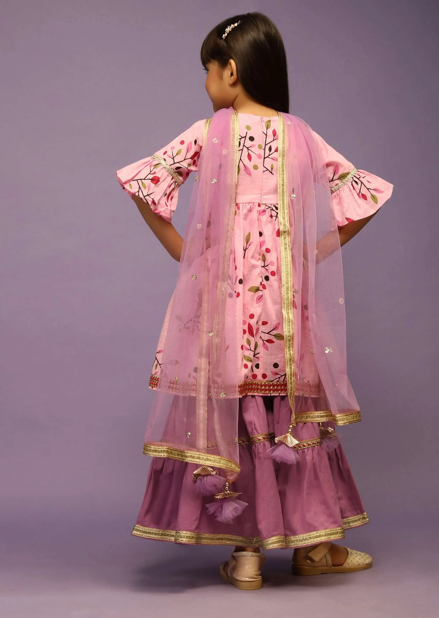 Kalki Girls Rose Pink Sharara And Peplum Suit In Cotton With Floral Print And Ruffle Sleeves