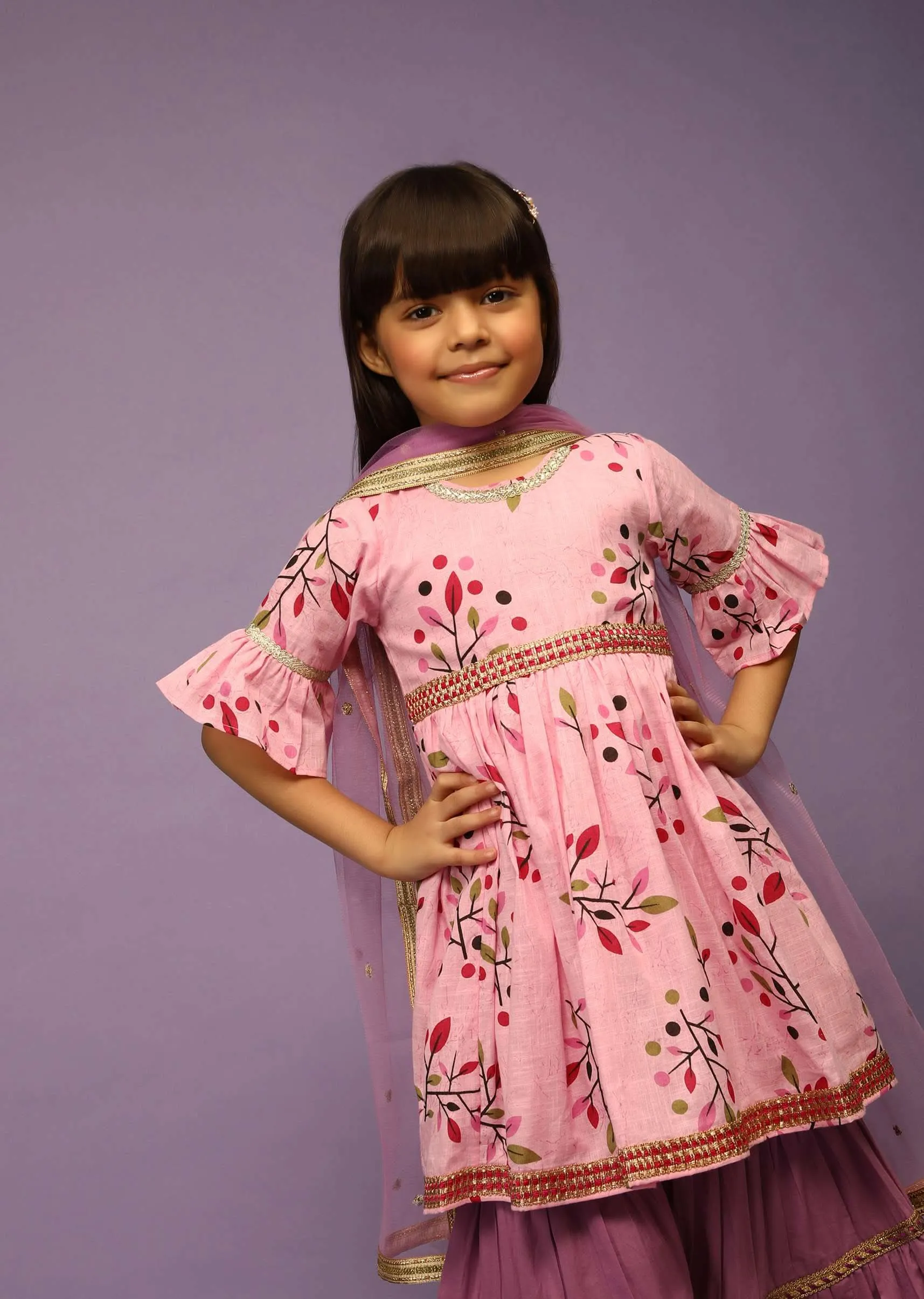 Kalki Girls Rose Pink Sharara And Peplum Suit In Cotton With Floral Print And Ruffle Sleeves