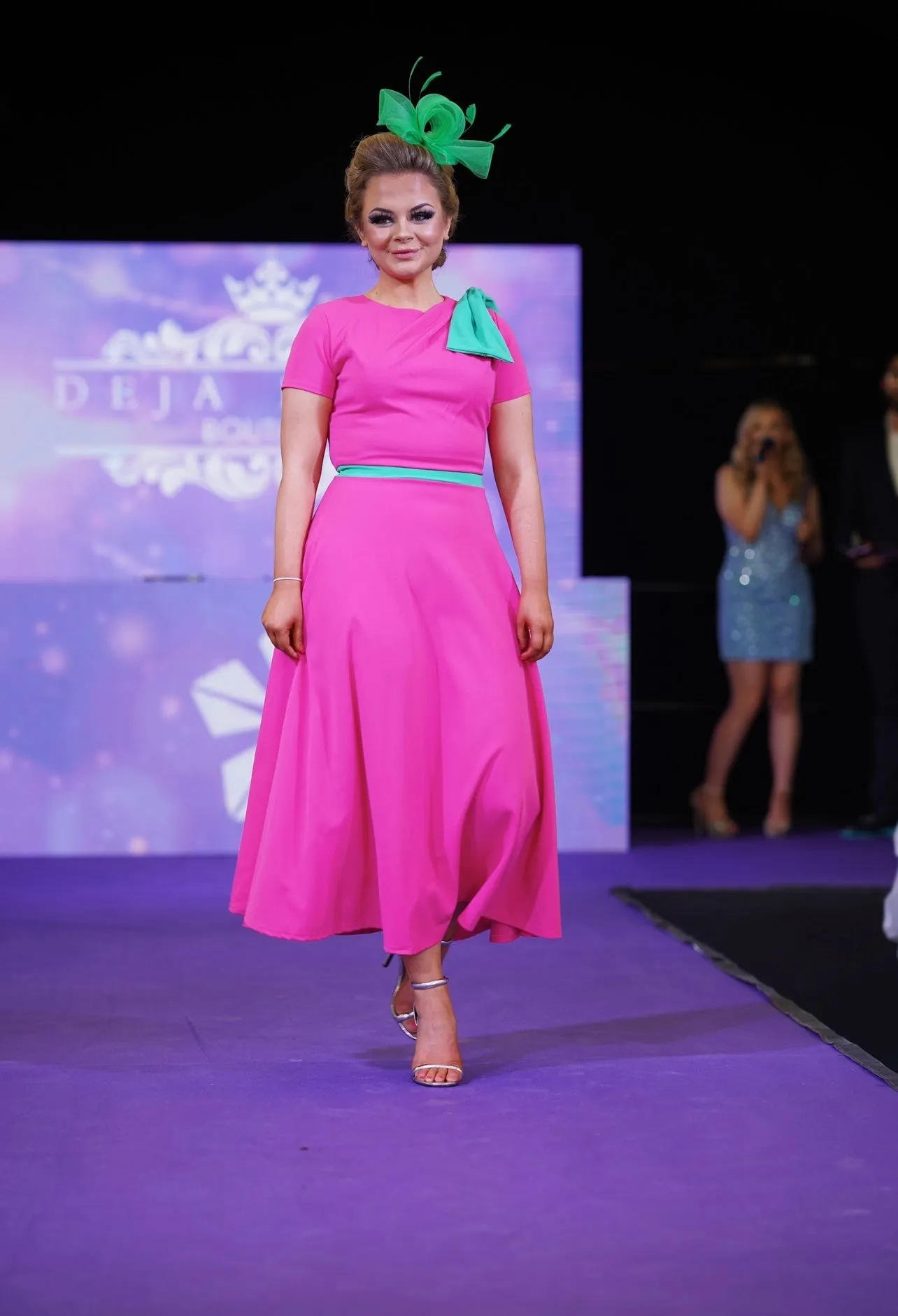 Kate Bow shoulder tea length dress in fuchsia and green