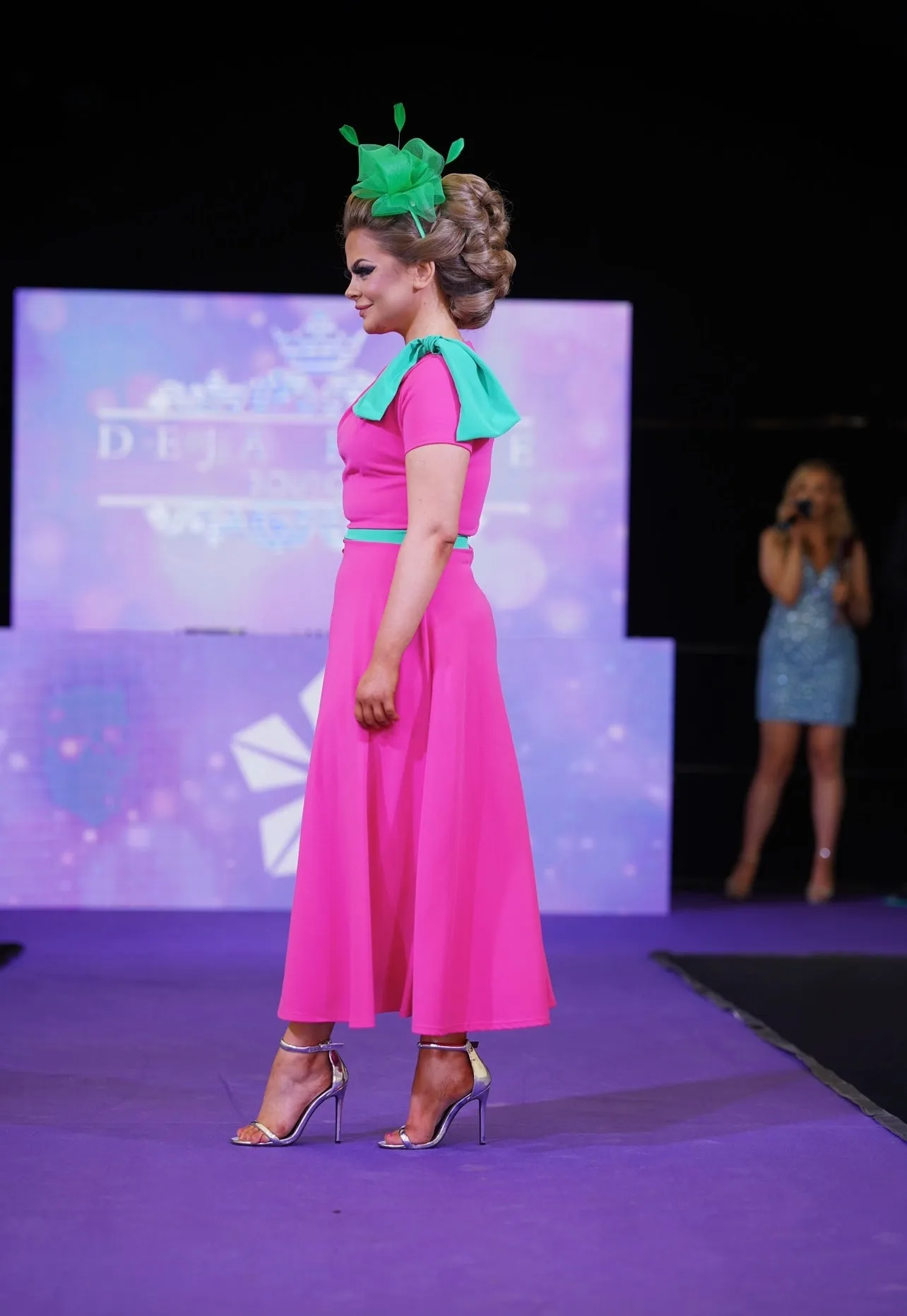 Kate Bow shoulder tea length dress in fuchsia and green