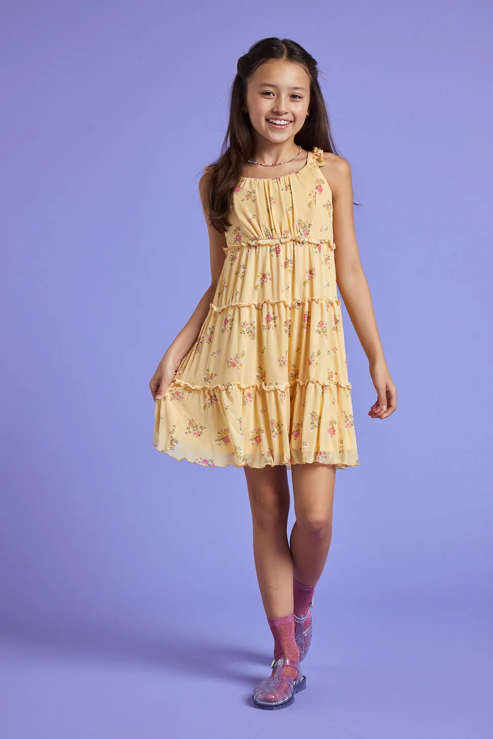 Kids Yellow Floral Sleeveless Babydoll Dress