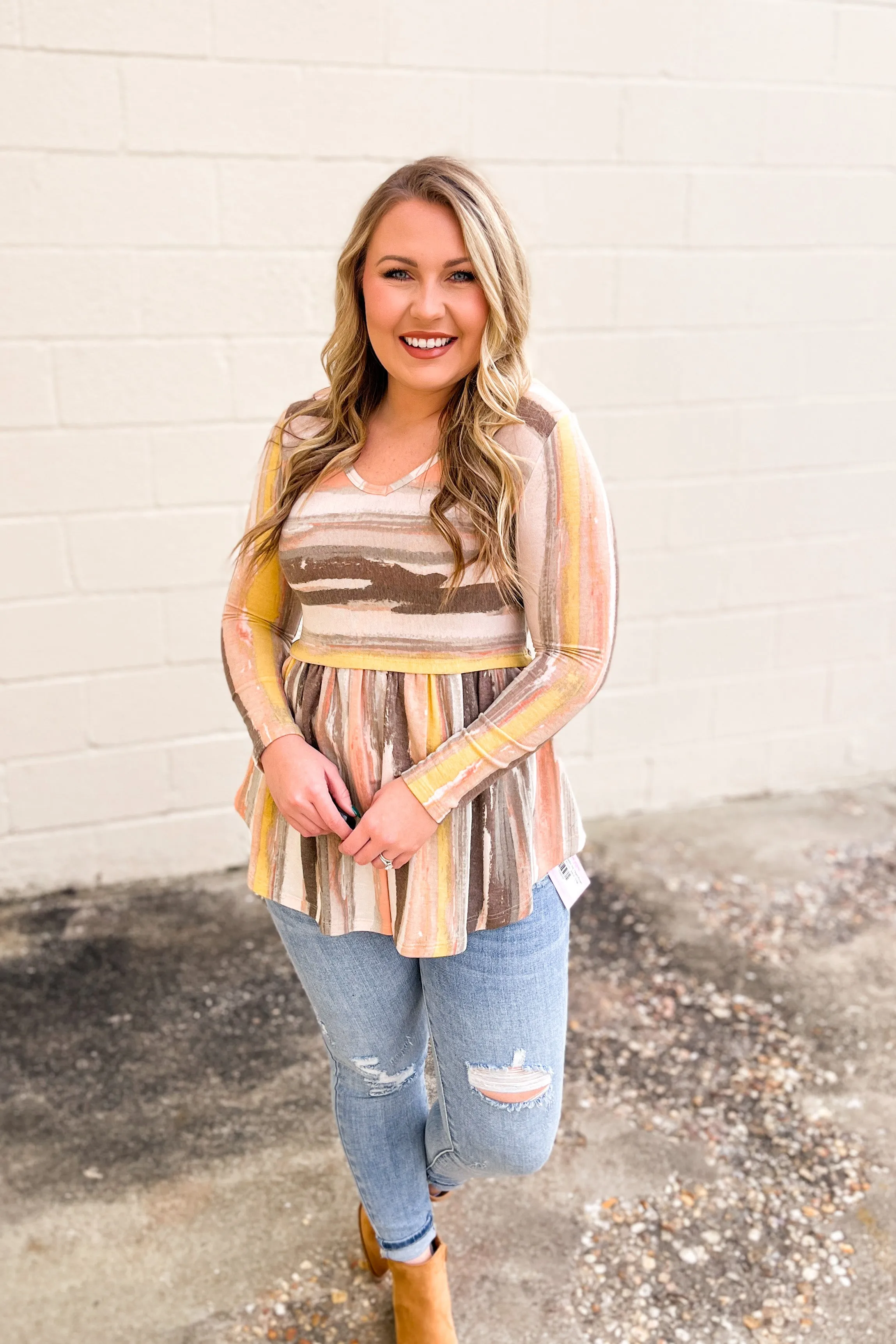 Live My Life Babydoll Top, Peach/Brown
