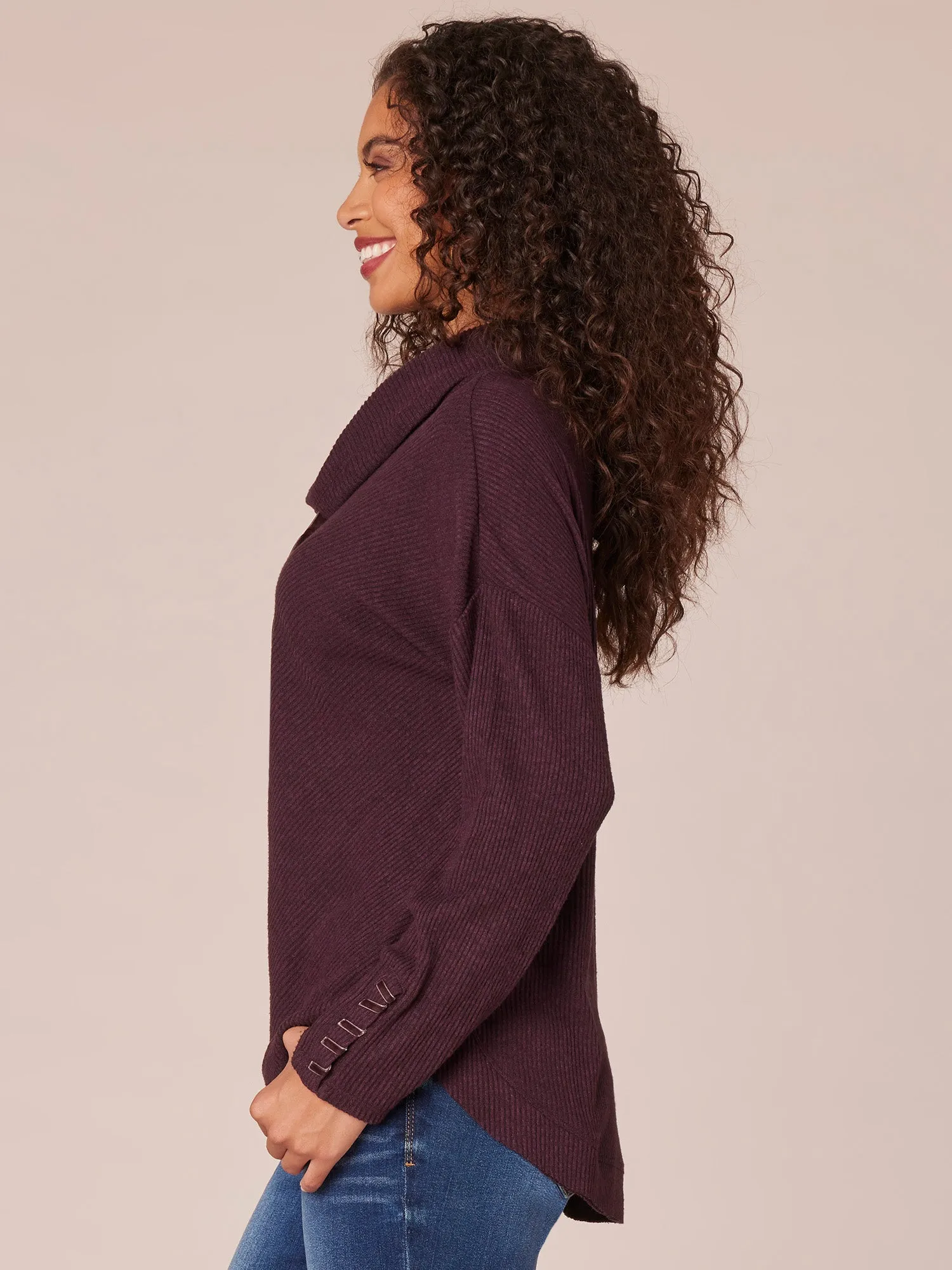 Long Sleeve Cowl Neck Petite Knit Tunic with Ribbon Detail