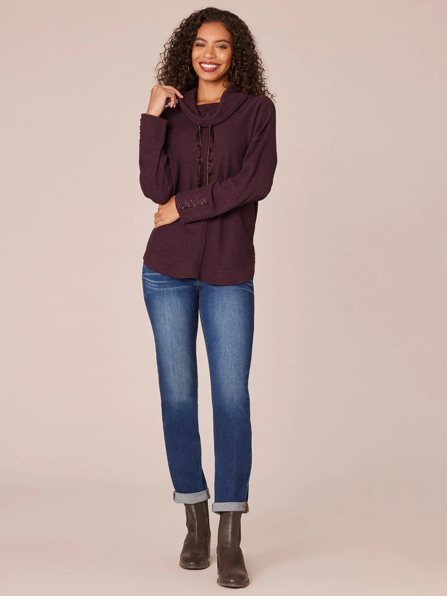 Long Sleeve Cowl Neck Petite Knit Tunic with Ribbon Detail