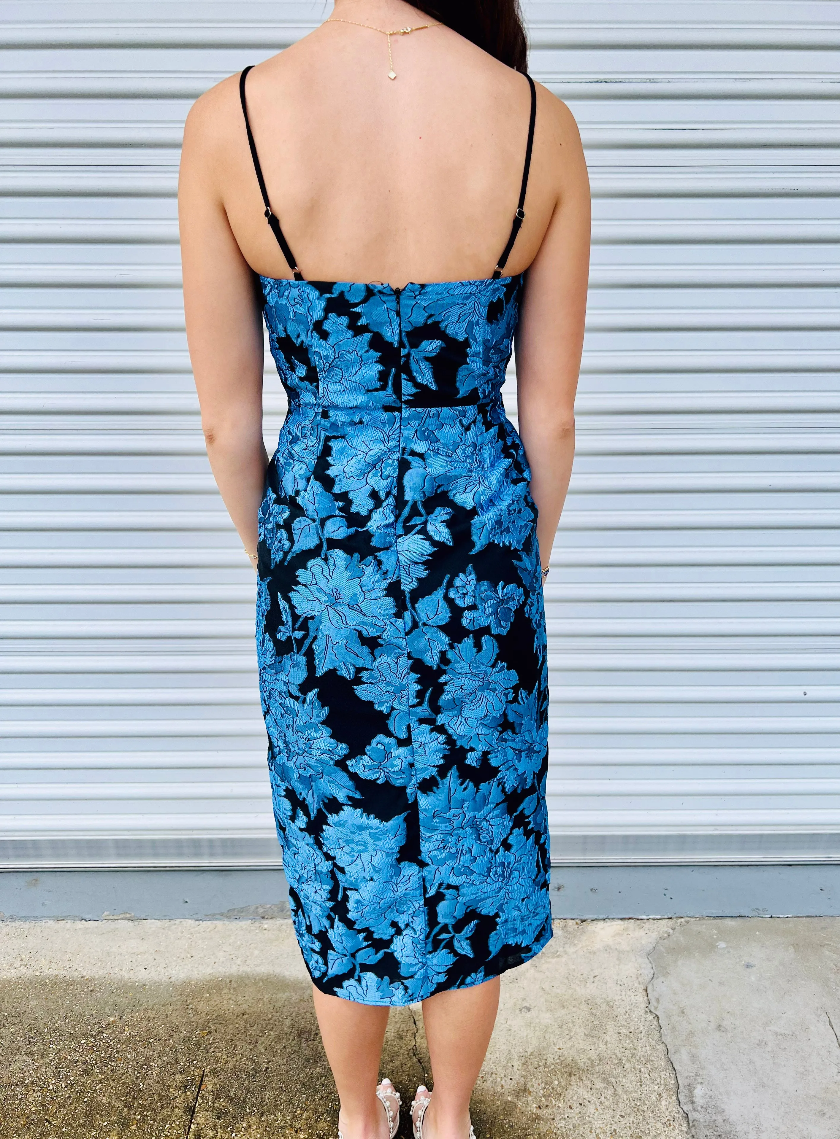MIDNIGHT DREAMING BLUE FLORAL MIDI DRESS