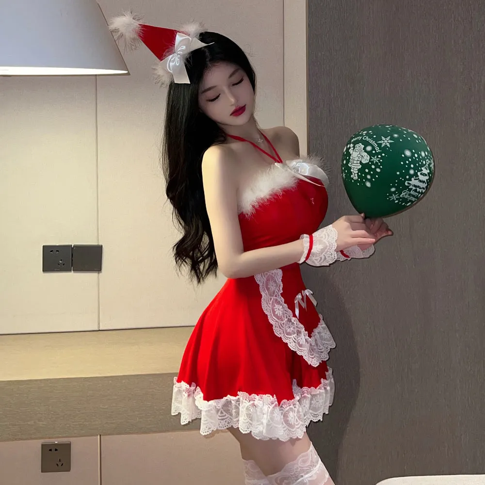 Miss Santa Claus Cosplay Outfit Sexy Red Christmas Babydoll Dress X-mas Maid Costume