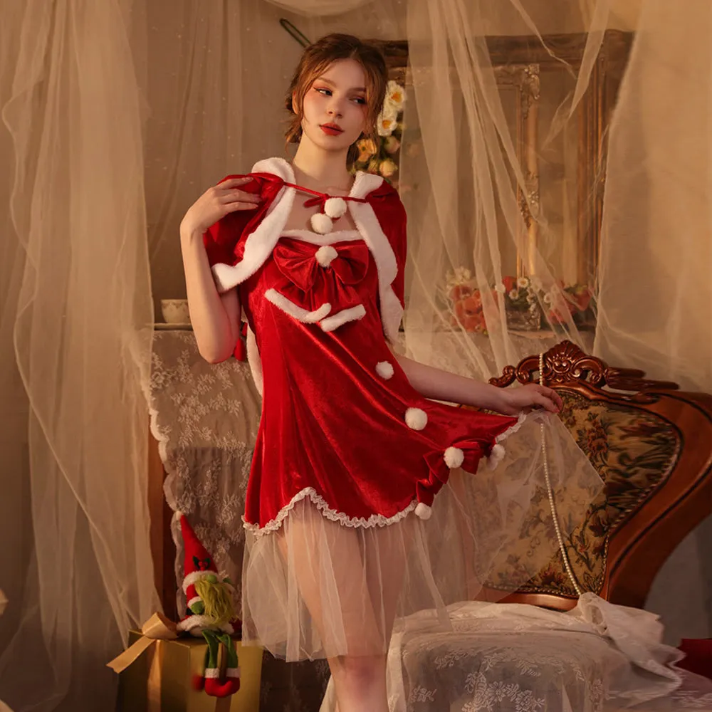 Naughty Elf Christmas Costume Santa Claus Cosplay Outfit Red Velvet Babydoll Dress and Cape