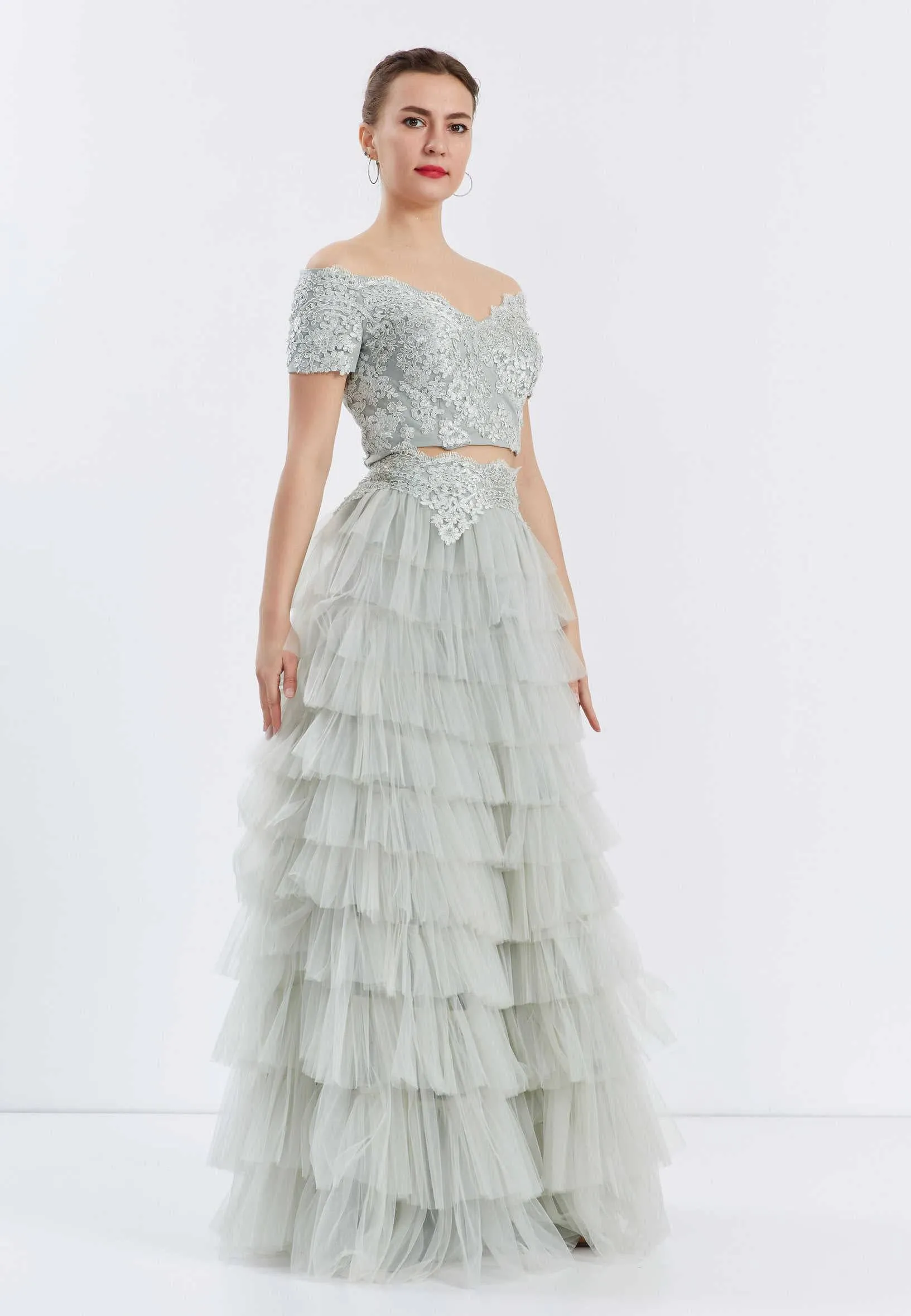 Off Shoulder Maxi Tulle Two Piece Regular Green Prom Dress- Green