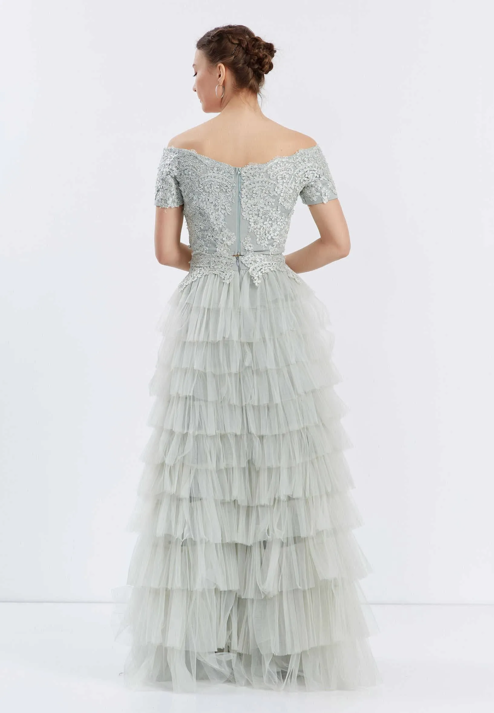 Off Shoulder Maxi Tulle Two Piece Regular Green Prom Dress- Green