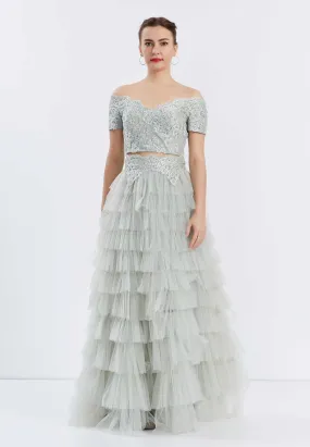Off Shoulder Maxi Tulle Two Piece Regular Green Prom Dress- Green