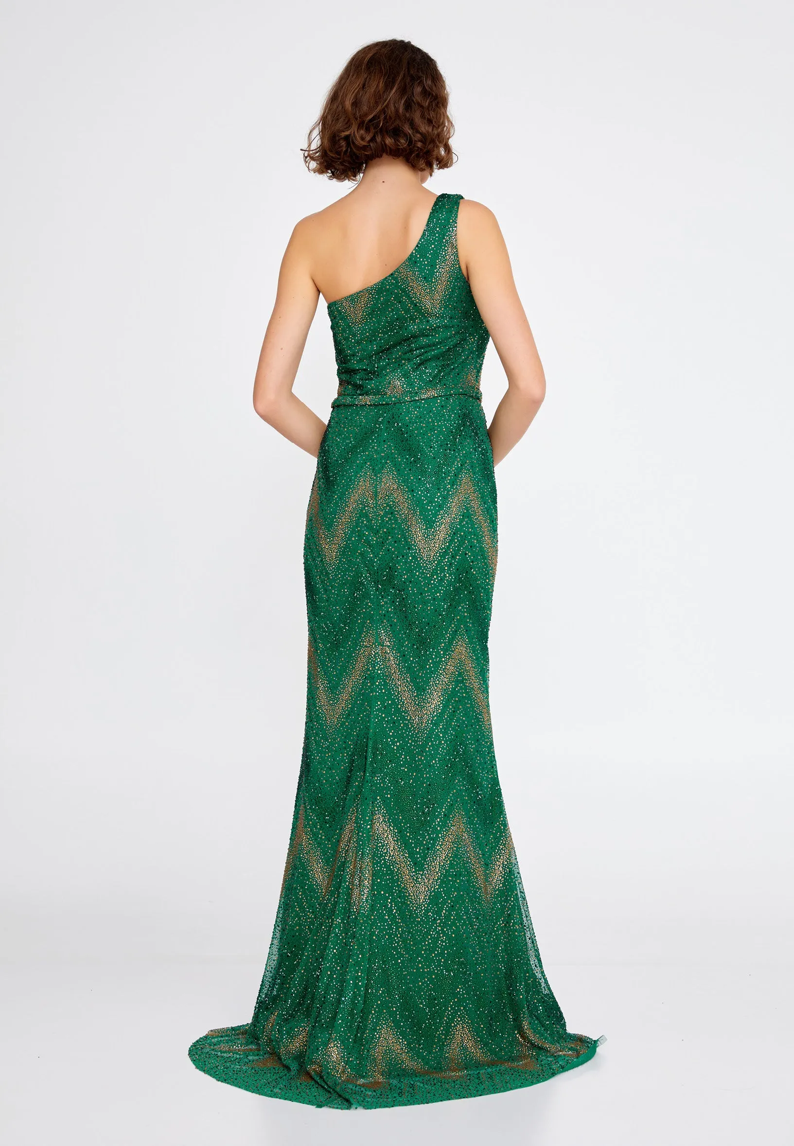 One Shoulder Beaded Maxi Tulle Mermaid Evening Gown - Emerald
