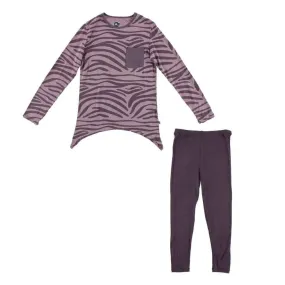 Print Bamboo Side-Tailed Tee and Legging Outfit, Elderberry Zebra Print