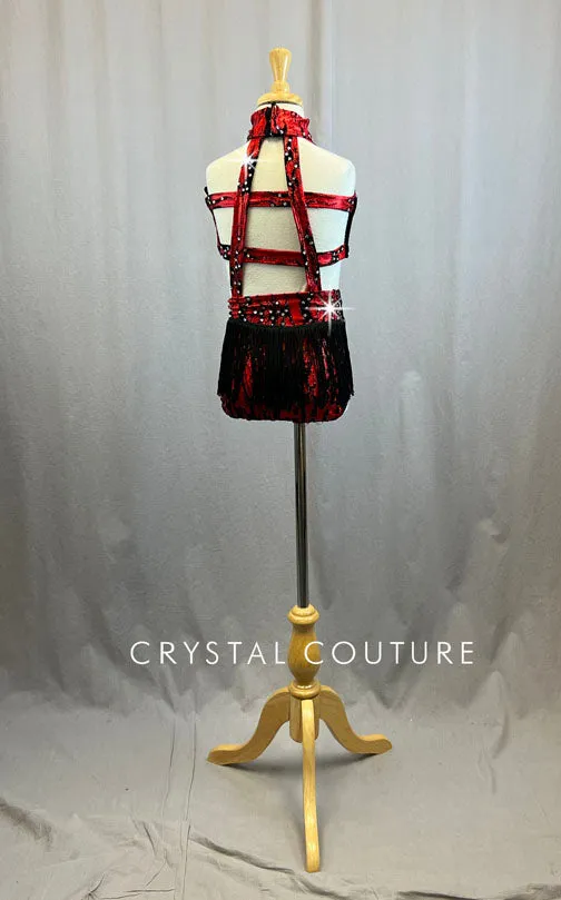 Red Fire Pattern Shimmer Lycra Leo with Black Fringe