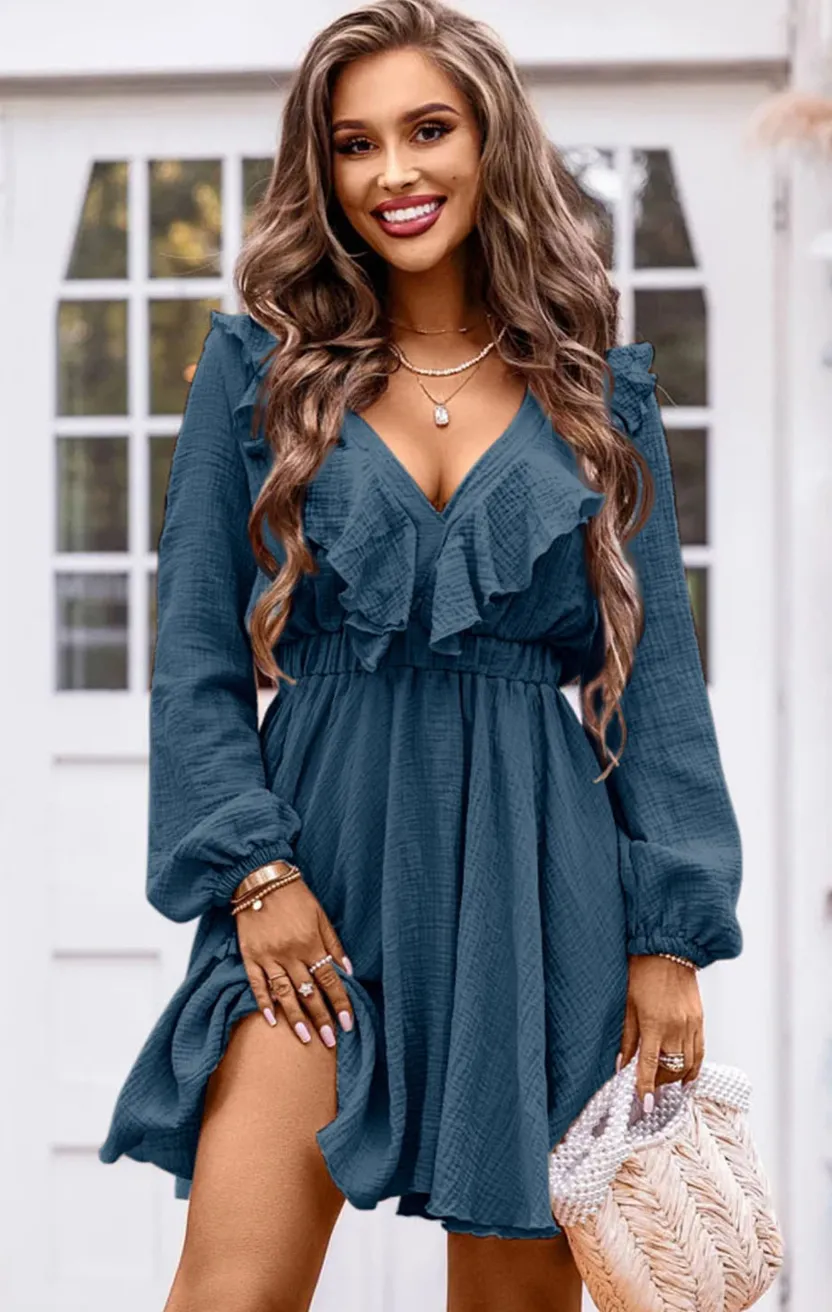 Ruffle Trim V-Neck Long Sleeve Mini Dress