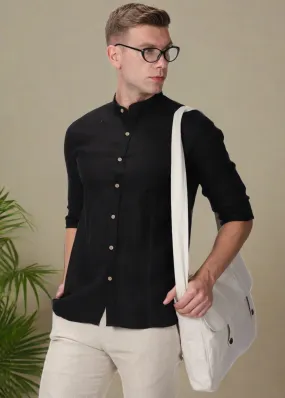 Trevor - Pure Linen Mandarin Collar Full Sleeve Shirt - Black
