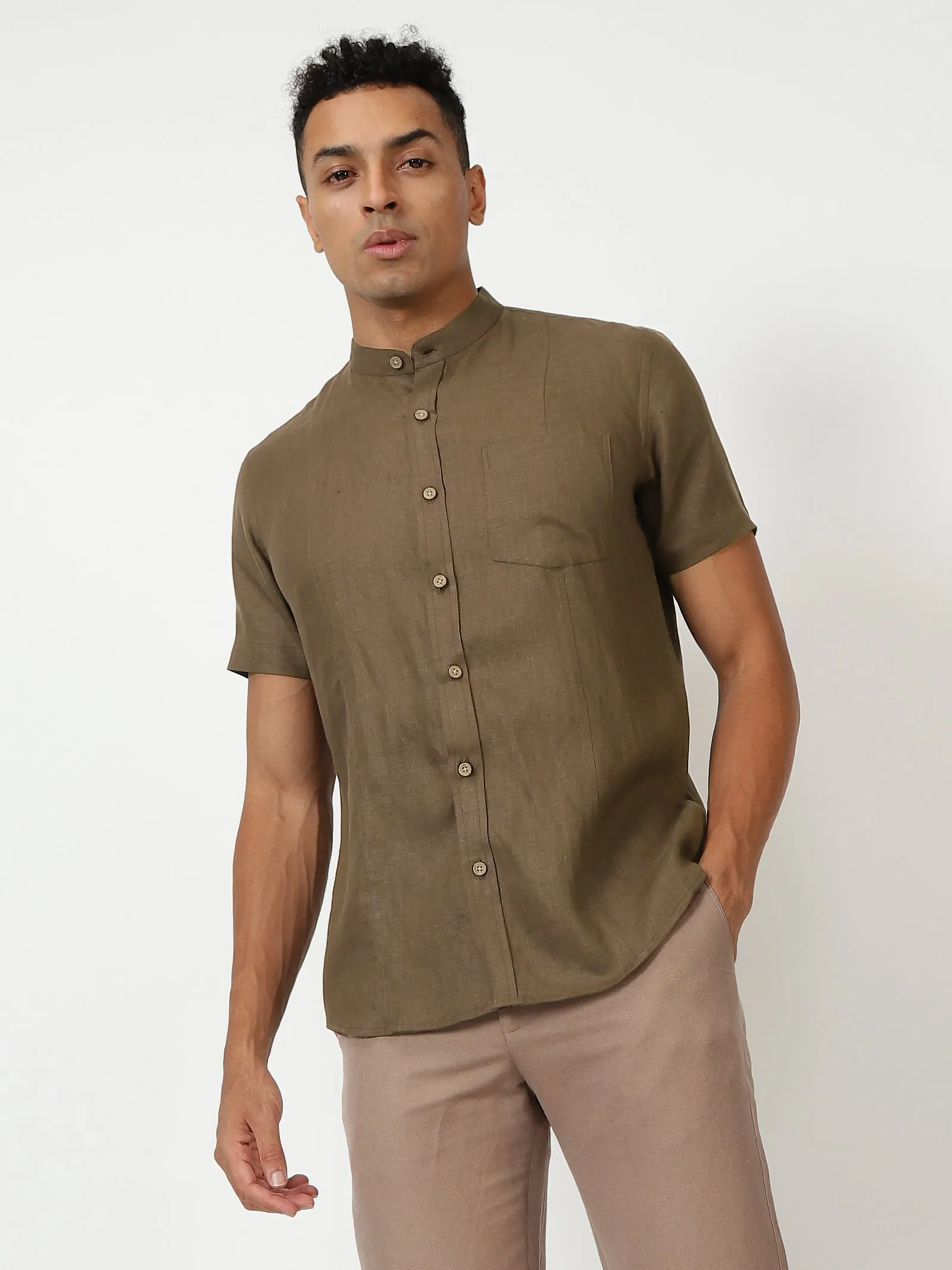 Trevor - Pure Linen Mandarin Collar Half Sleeve Shirt - Hazelnut Brown