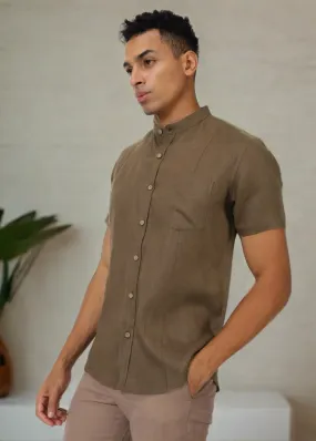 Trevor - Pure Linen Mandarin Collar Half Sleeve Shirt - Hazelnut Brown