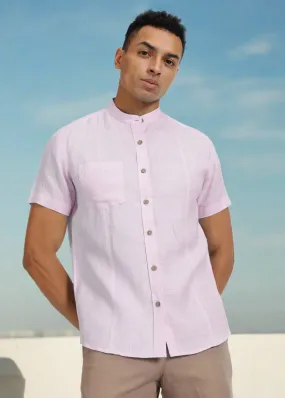 Trevor - Pure Linen Mandarin Collar Half Sleeve Shirt - Light Lilac Pink