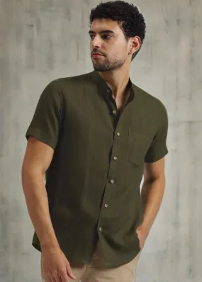 Trevor - Pure Linen Mandarin Collar Half Sleeve Shirt - Moss Green