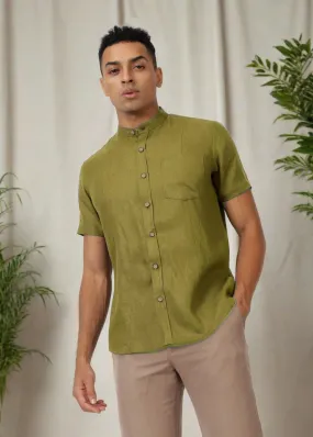 Trevor - Pure Linen Mandarin Collar Half Sleeve Shirt - Sap Green