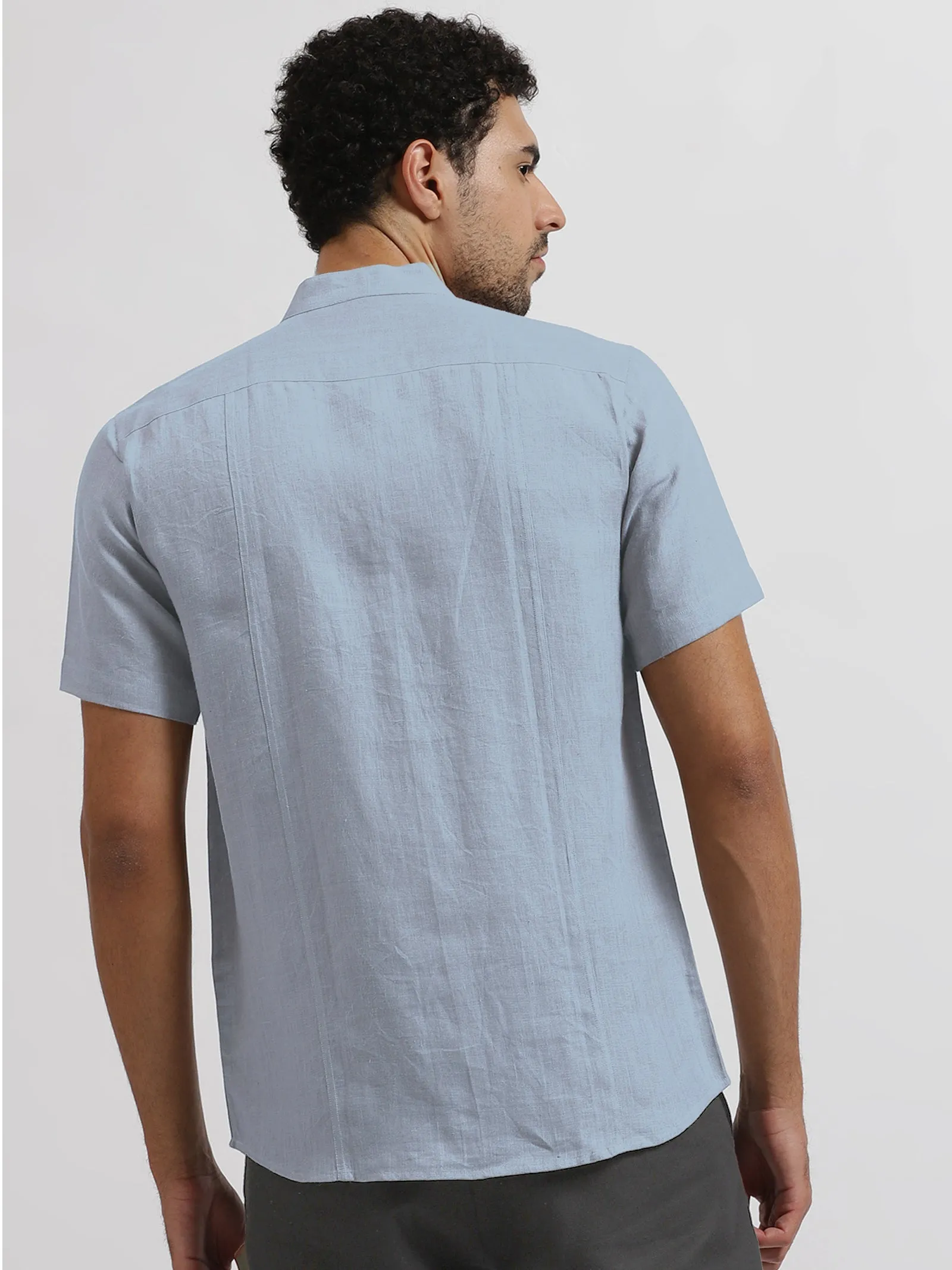 Trevor - Pure Linen Mandarin Collar Half Sleeve Shirt - Shutter Blue