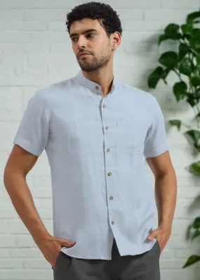 Trevor - Pure Linen Mandarin Collar Half Sleeve Shirt - Shutter Blue