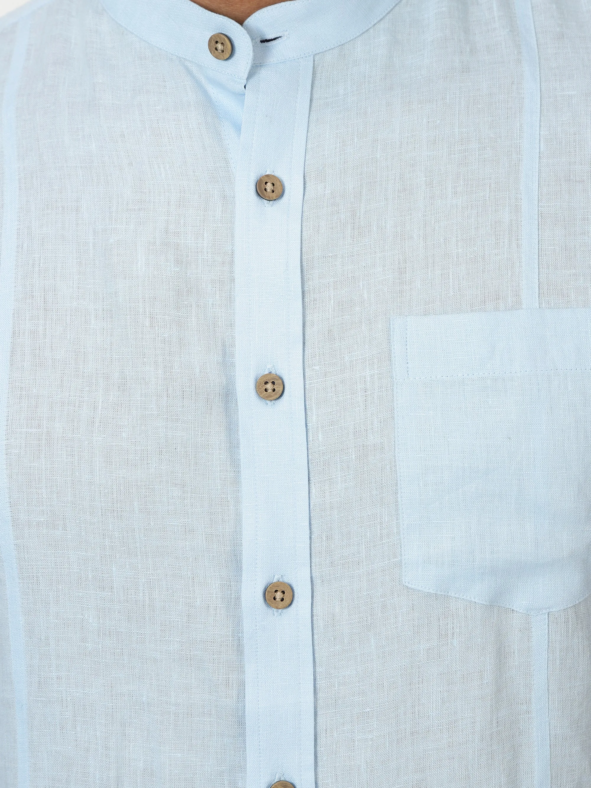 Trevor - Pure Linen Mandarin Collar Half Sleeve Shirt - Sky Blue