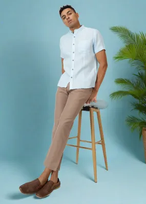 Trevor - Pure Linen Mandarin Collar Half Sleeve Shirt - Sky Blue