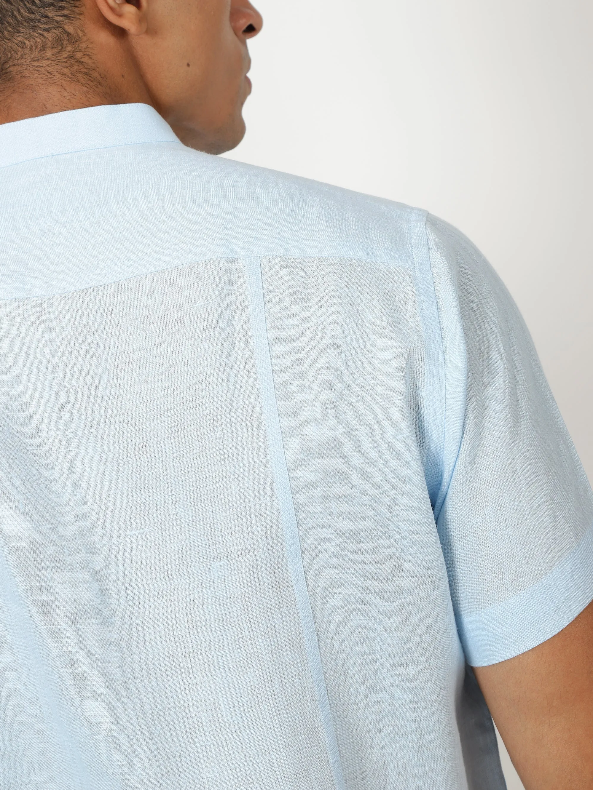 Trevor - Pure Linen Mandarin Collar Half Sleeve Shirt - Sky Blue