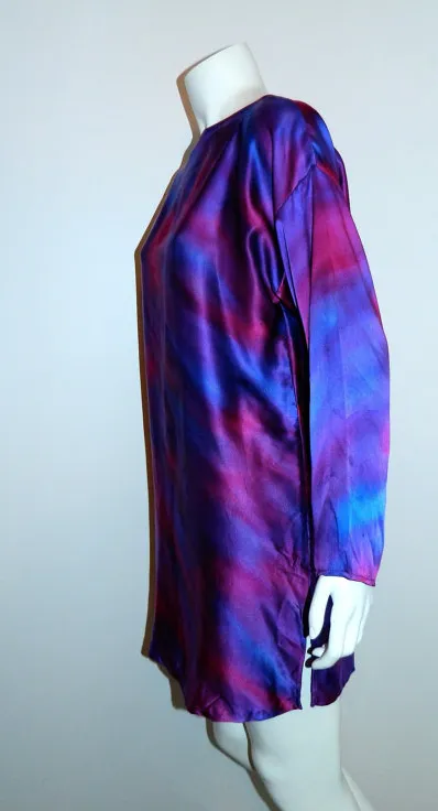 vintage 1980s purple silk satin tunic mini dress Hand Painted shirt S - M