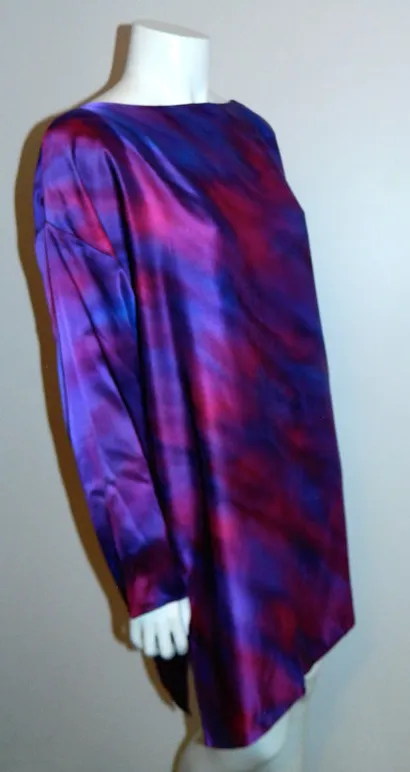 vintage 1980s purple silk satin tunic mini dress Hand Painted shirt S - M