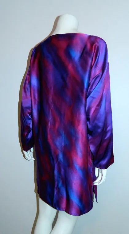 vintage 1980s purple silk satin tunic mini dress Hand Painted shirt S - M