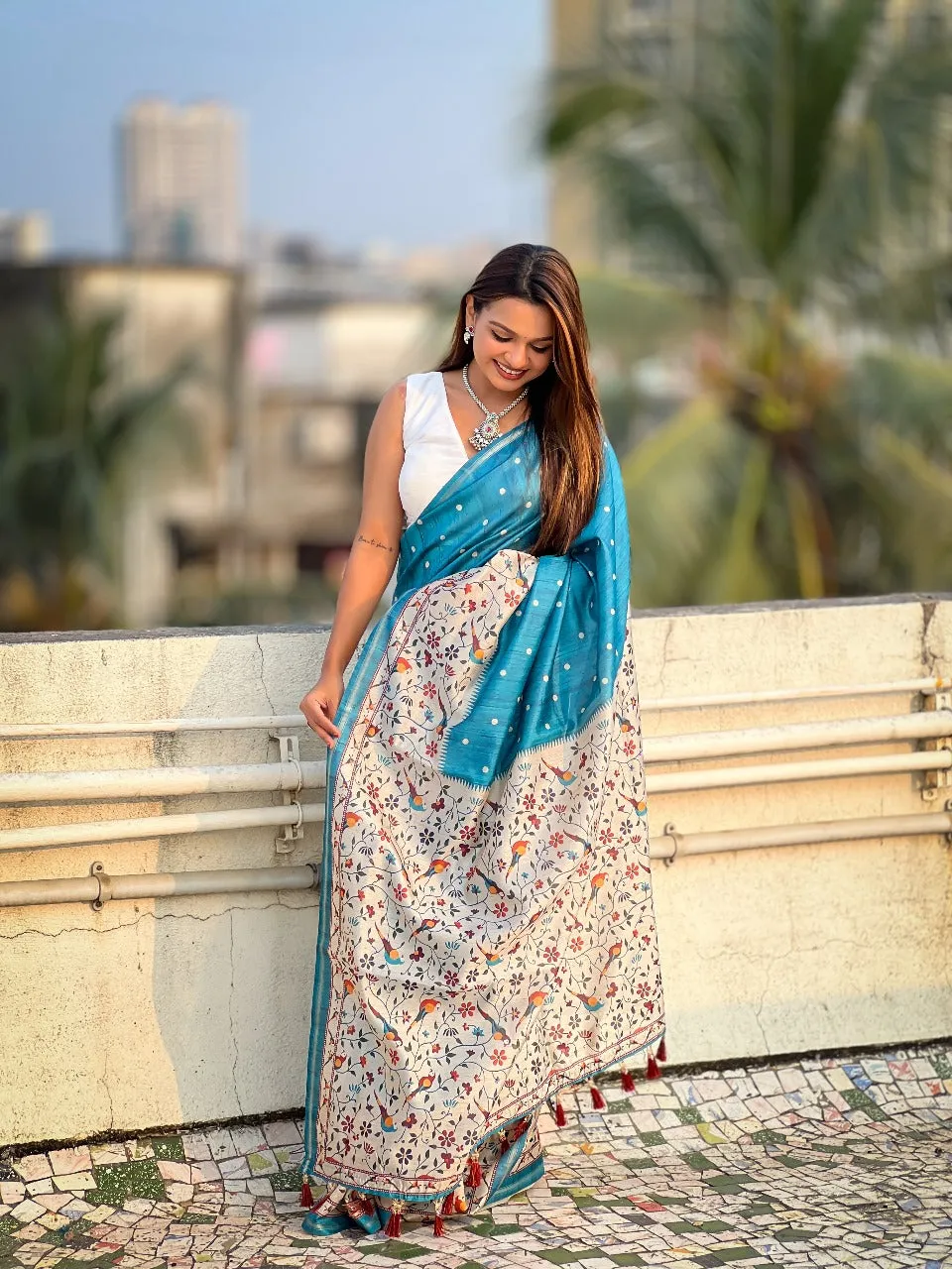 Women's Designer Pure Rich Katki Silk with Kalamkari Floral Prints Saree