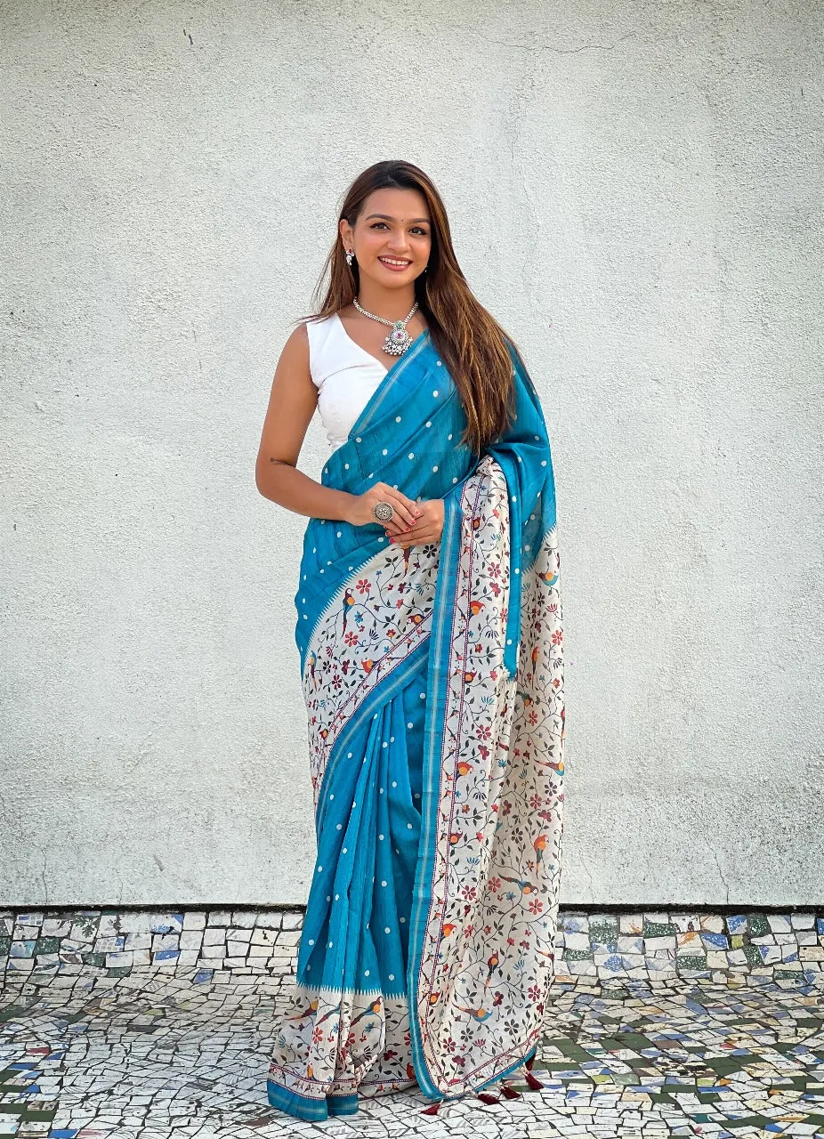 Women's Designer Pure Rich Katki Silk with Kalamkari Floral Prints Saree